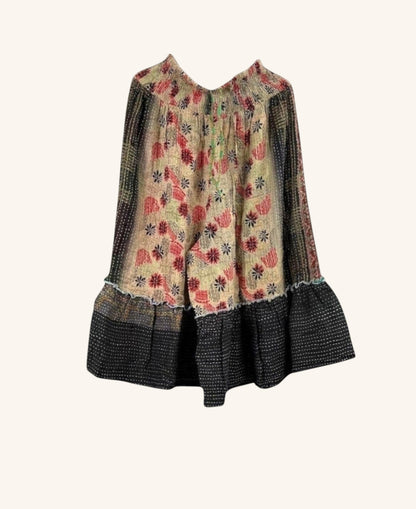 She Lives Beauty Anything for Selenas Bloomers in vintage kantha cotton with floral print and black ruffle hem.