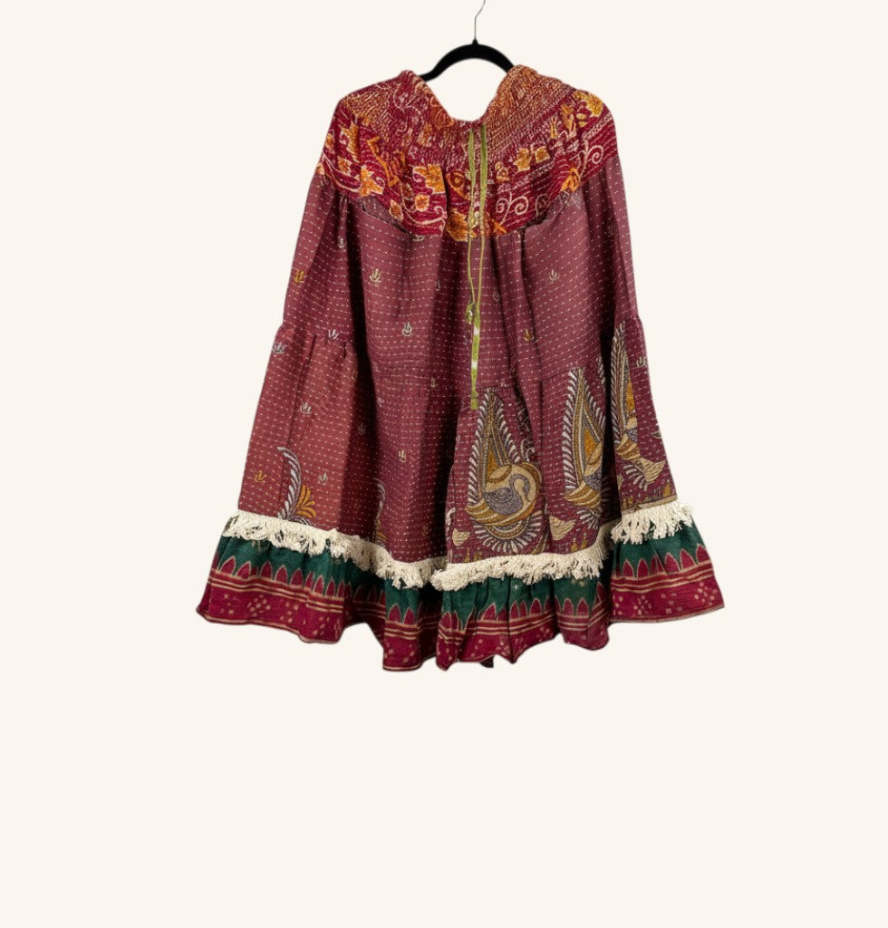 She Lives Beauty Tribal Soul Kantha bloomers in maroon vintage cotton with artisan fringe and intricate stitching.