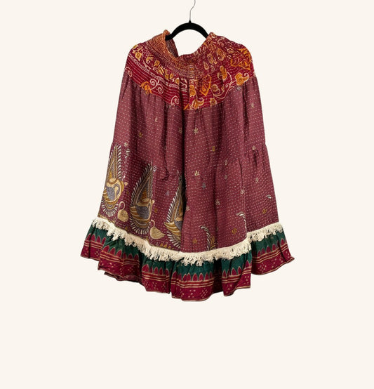 She Lives Beauty Tribal Soul Kantha bloomers in maroon vintage cotton with artisan fringe and unique sari patterns.