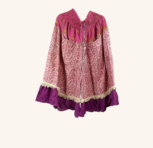 She Lives Beauty Tribal Soul Kantha bloomers in pink and purple vintage cotton with artisan fringe hem detailing.