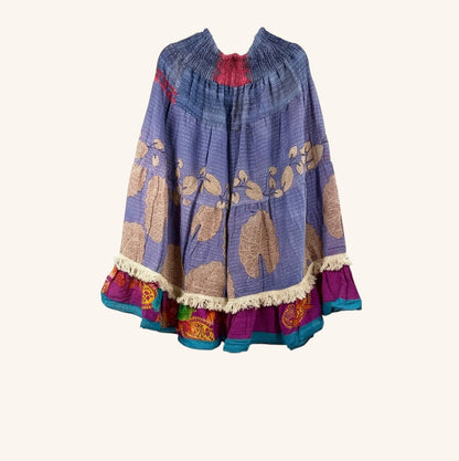 She Lives Beauty Tribal Soul Kantha bloomers in purple vintage cotton with floral patterns and artisan fringe hem.