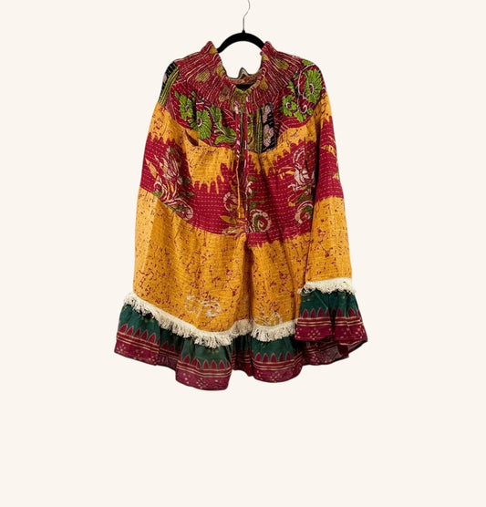 She Lives Beauty Tribal Soul Kantha bloomers in vintage cotton with red, yellow, and green patterns and fringe hem.