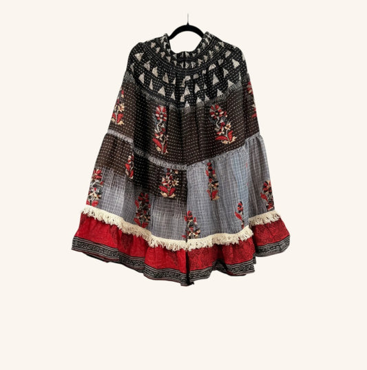 She Lives Beauty Tribal Soul Kantha bloomers in vintage cotton with floral patterns, tiered layers, and fringe hem.