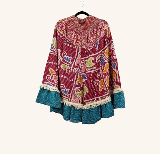 She Lives Beauty Tribal Soul Kantha bloomers in red and teal vintage cotton with artisan fringe hem detailing.