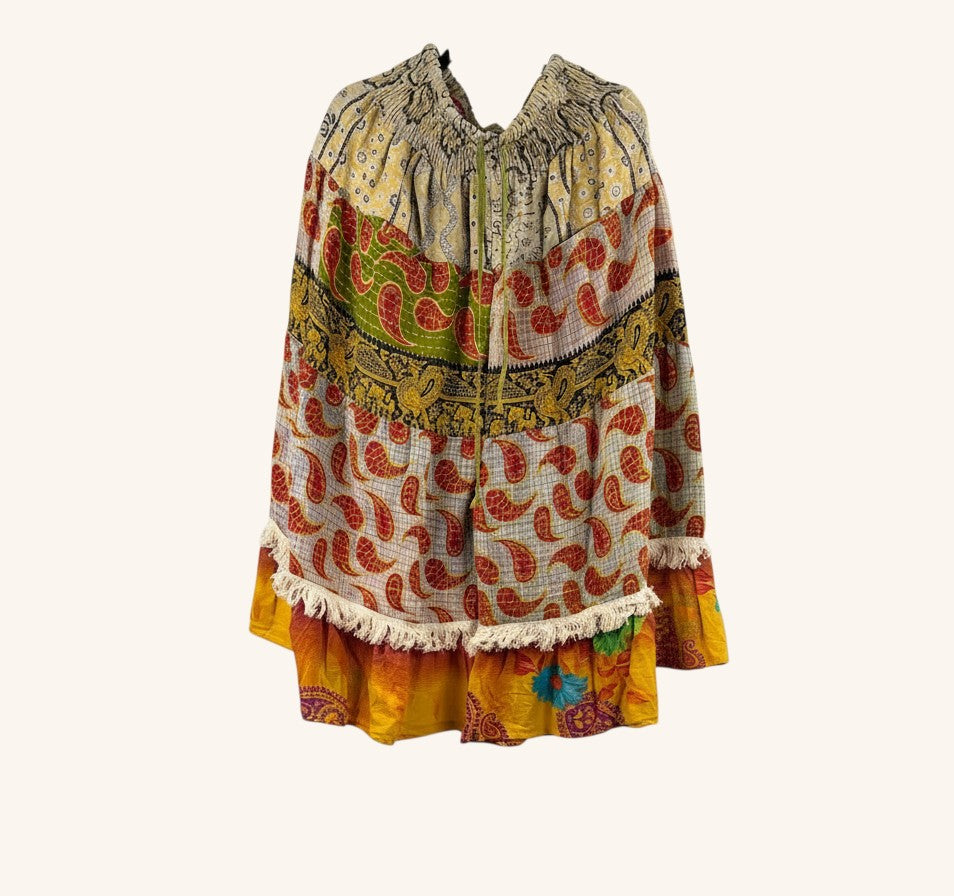 She Lives Beauty Tribal Soul Kantha bloomers made from vintage cotton saris with paisley patterns and fringe hem detail.
