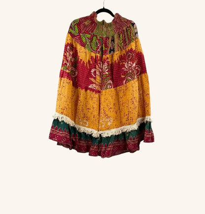 She Lives Beauty Tribal Soul Kantha bloomers in vibrant red and yellow vintage cotton with artisan fringe hem detail.