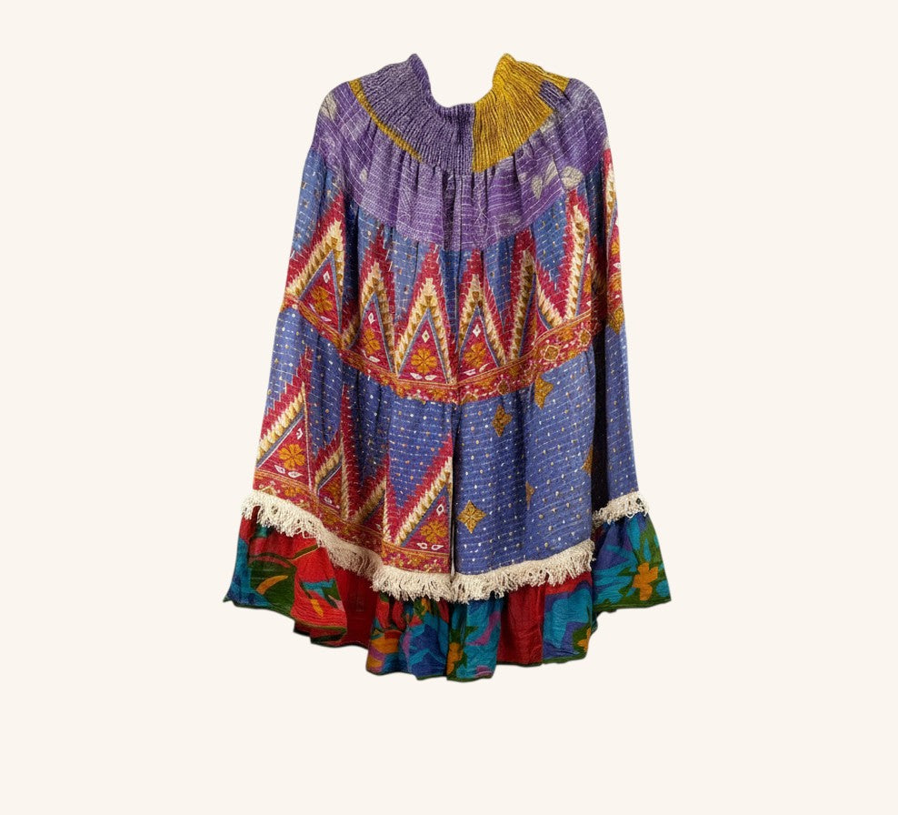 She Lives Beauty Tribal Soul Kantha bloomers in vintage cotton with purple, red, and yellow geometric patterns.
