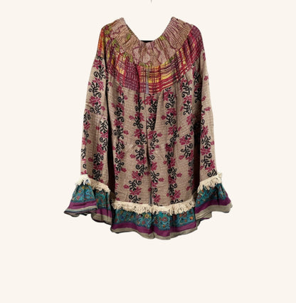 She Lives Beauty Tribal Soul Kantha bloomers in vintage cotton with floral patterns, fringe hem, and elastic waist.