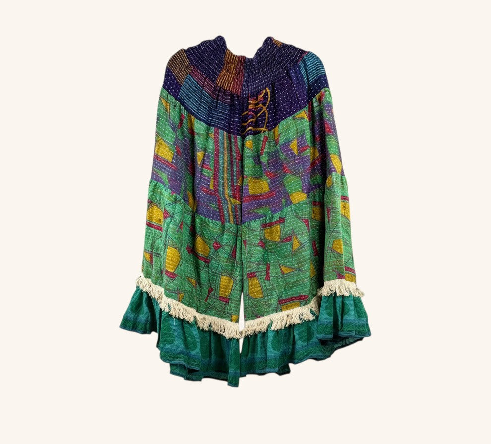 She Lives Beauty Tribal Soul Kantha bloomers in vintage cotton with green, purple, and yellow patchwork and fringe hem.