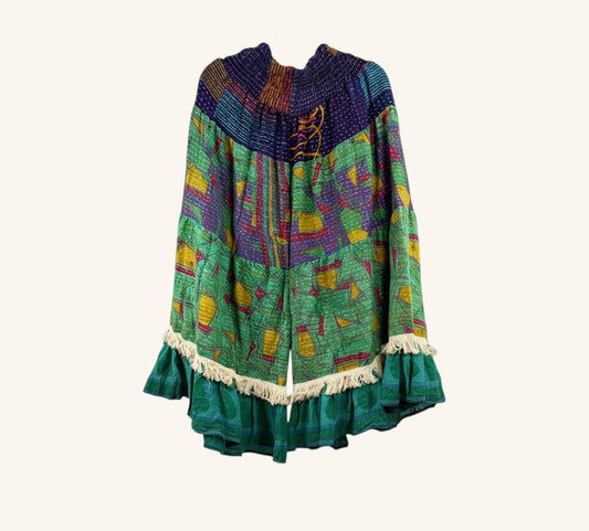 She Lives Beauty Tribal Soul Kantha bloomers in vintage cotton with green, purple, and yellow patchwork and fringe hem.