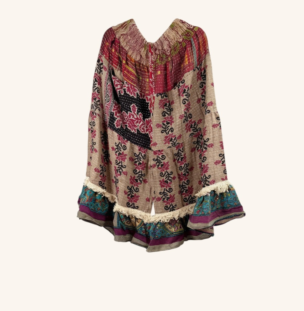 She Lives Beauty Tribal Soul Kantha bloomers made from vintage cotton saris with floral patterns and fringe hem.
