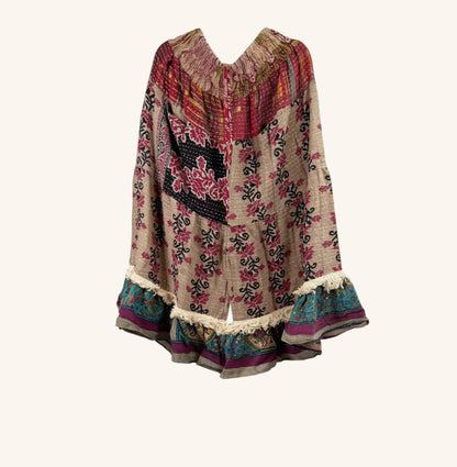 She Lives Beauty Tribal Soul Kantha bloomers made from vintage cotton saris with floral patterns and fringe hem.