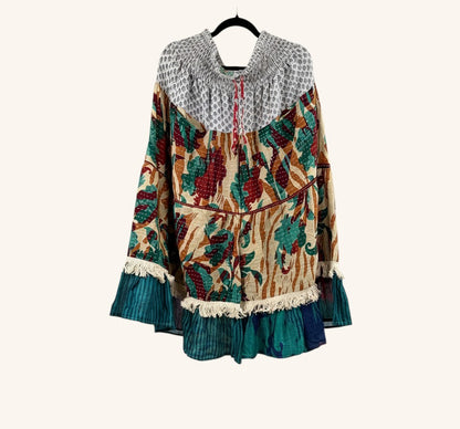 She Lives Beauty Tribal Soul Kantha bloomers in vintage cotton with floral patterns, fringe hem, and elastic waist.