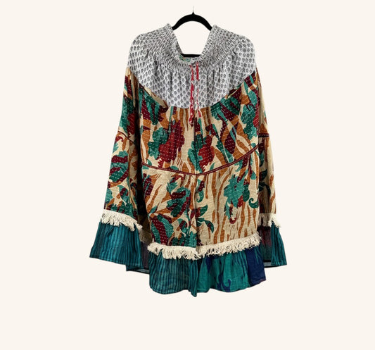 She Lives Beauty Tribal Soul Kantha bloomers in vintage cotton with floral patterns, fringe hem, and elastic waist.
