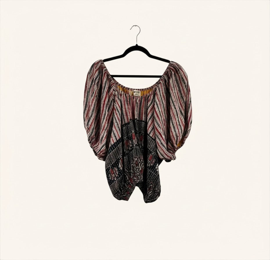 She Lives Beauty Wildflower Bloom Kantha top in vintage cotton with striped and floral patterns and bubble sleeves.