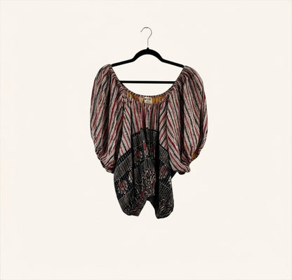 She Lives Beauty Wildflower Bloom Kantha top in vintage cotton with striped and floral patterns and bubble sleeves.