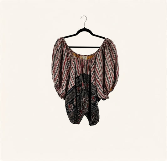 She Lives Beauty Wildflower Bloom Kantha top in vintage cotton with striped and floral patterns and bubble sleeves.
