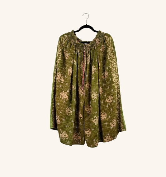 She Lives Beauty Pachuco Kantha capri pants in olive green vintage cotton with intricate floral patterns and pleats.