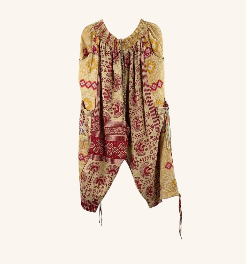 She Lives Beauty Roam Free Kantha cargo joggers in yellow and red vintage cotton with floral and geometric patterns.