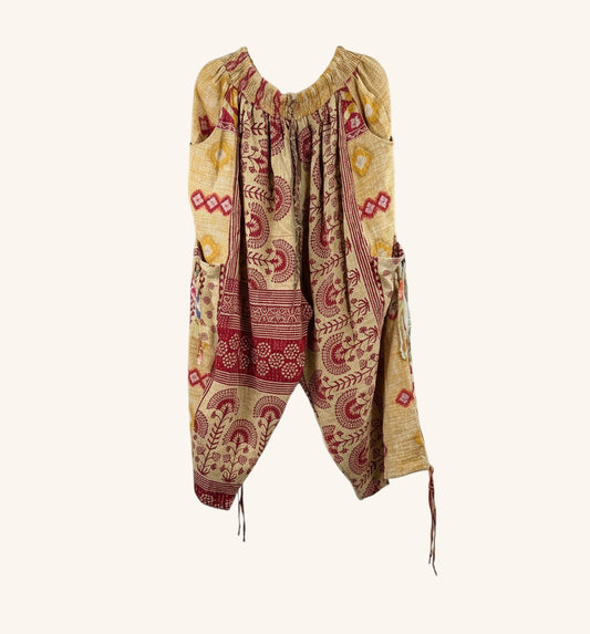 She Lives Beauty Roam Free Kantha cargo joggers in yellow and red vintage cotton with floral and geometric patterns.