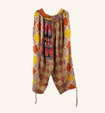 She Lives Beauty Roam Free Kantha cargo joggers made from vintage cotton saris with colorful geometric patterns.