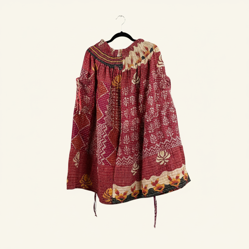 She Lives Beauty Earthbound Glitter Kantha cinch capri pants in red vintage cotton with intricate stitched patterns.