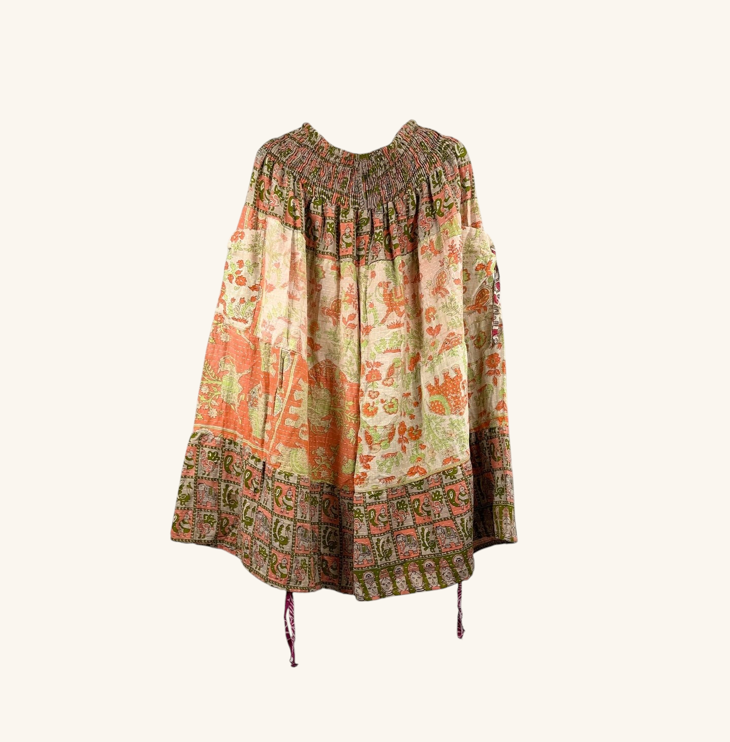 She Lives Beauty Earthbound Glitter Kantha cinch capri pants in vintage cotton with unique floral patchwork patterns.