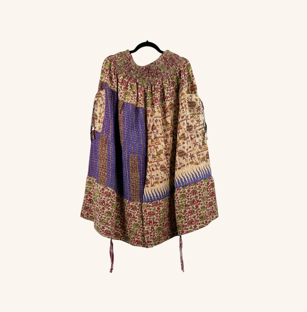 She Lives Beauty Earthbound Glitter Kantha cinch capri pants made from vintage cotton saris with adjustable leg ties.