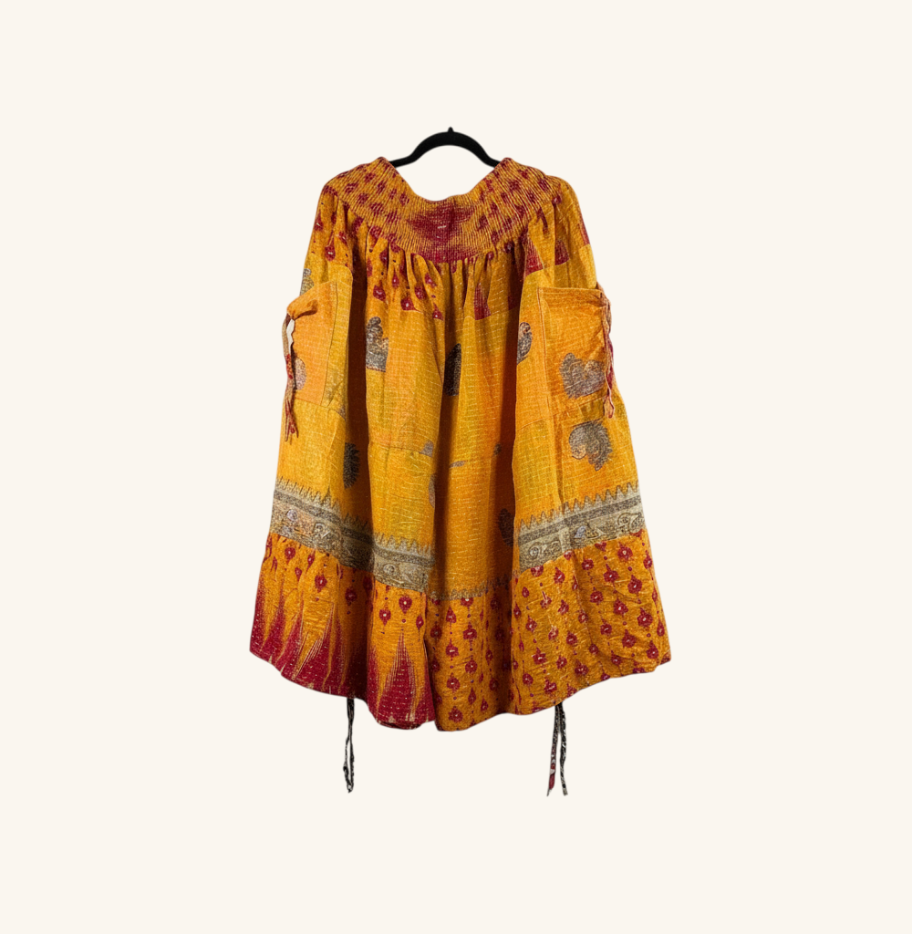 She Lives Beauty Earthbound Glitter Kantha cinch capri pants in yellow and red vintage cotton with adjustable ties.