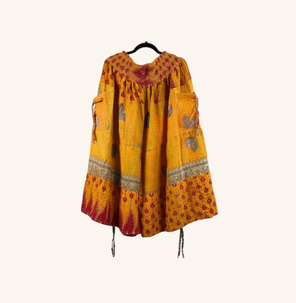 She Lives Beauty Earthbound Glitter Kantha cinch capri pants in yellow and red vintage cotton with adjustable ties.