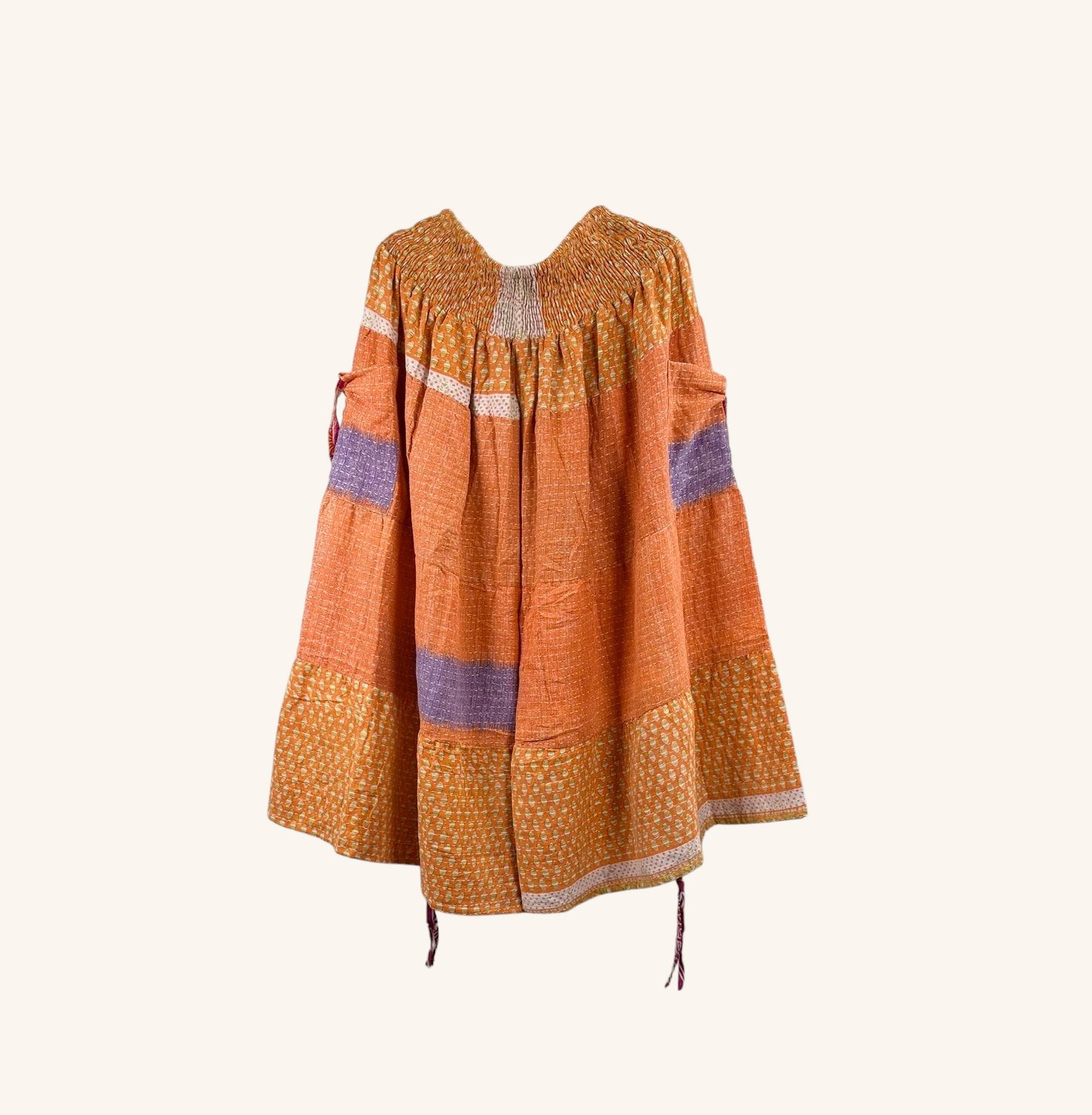 She Lives Beauty Earthbound Glitter Kantha cinch capri pants in orange vintage cotton with purple accents