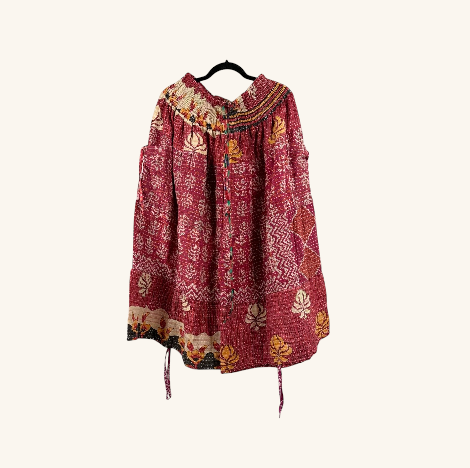 She Lives Beauty Earthbound Glitter Kantha cinch capri pants in red vintage cotton with adjustable leg ties.