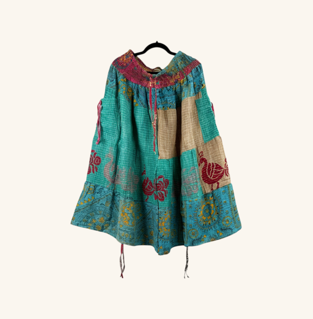 She Lives Beauty Earthbound Glitter Kantha cinch capri pants in vintage teal cotton with boho patchwork patterns.