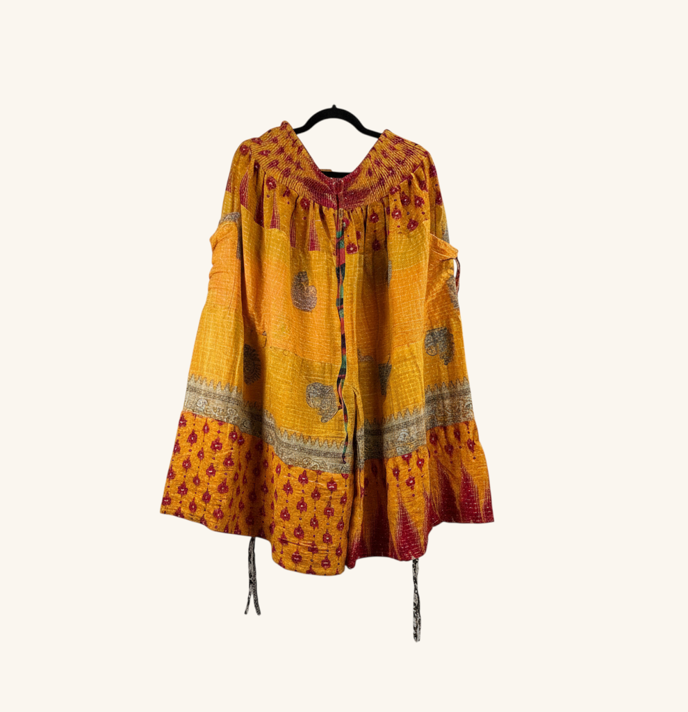She Lives Beauty Earthbound Glitter Kantha cinch capri pants in yellow and red vintage cotton with boho patterns.