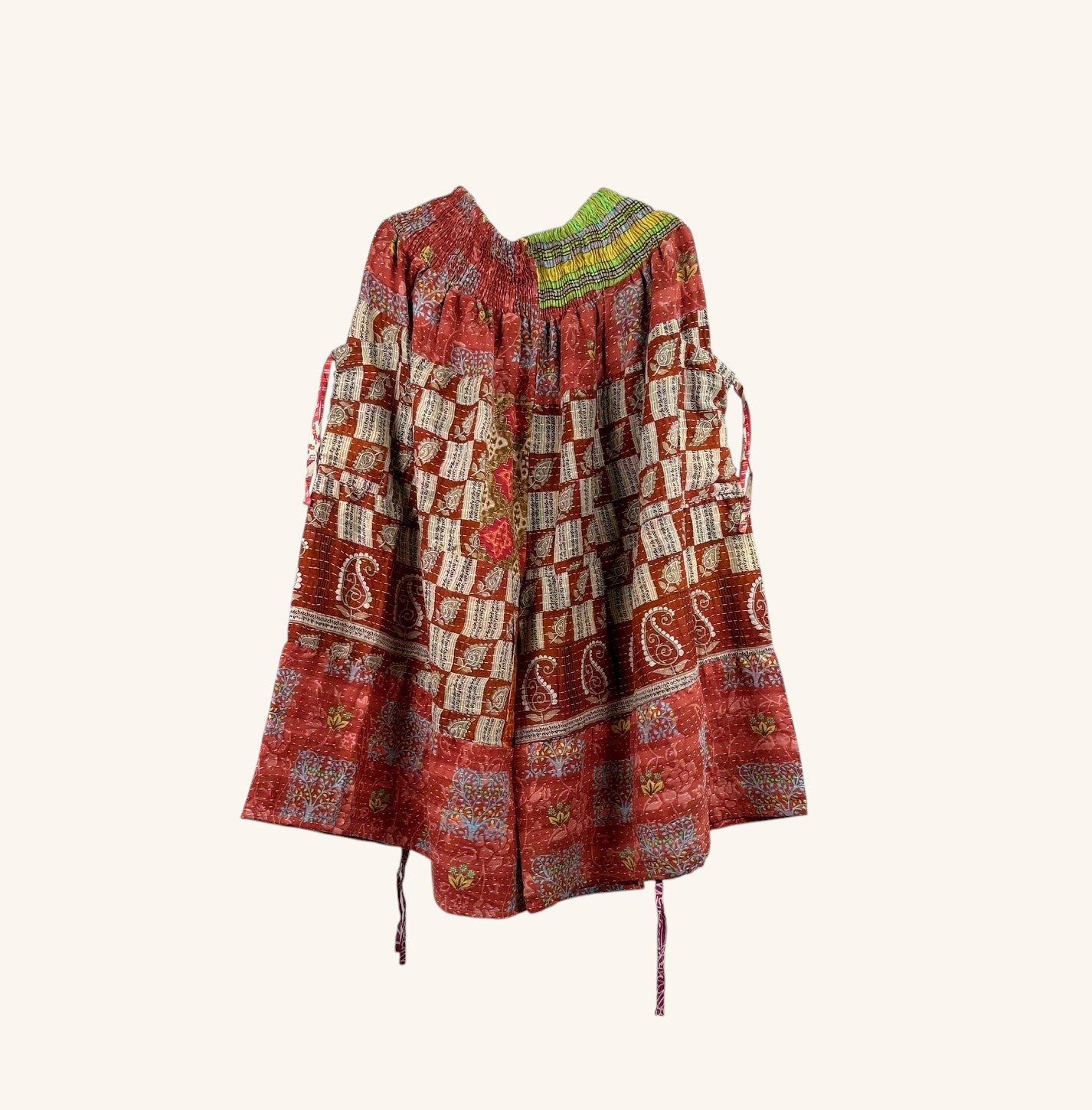 She Lives Beauty Earthbound Glitter Kantha cinch capri pants in vintage red cotton with patchwork and adjustable ties