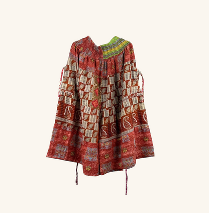 She Lives Beauty Earthbound Glitter Kantha cinch capri pants in vintage red cotton with patchwork and adjustable ties