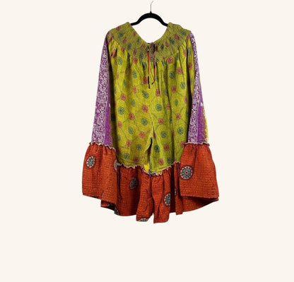 She Lives Beauty Anything for Selenas Bloomers in vintage kantha cotton with a lime green floral print and ruffle hem.