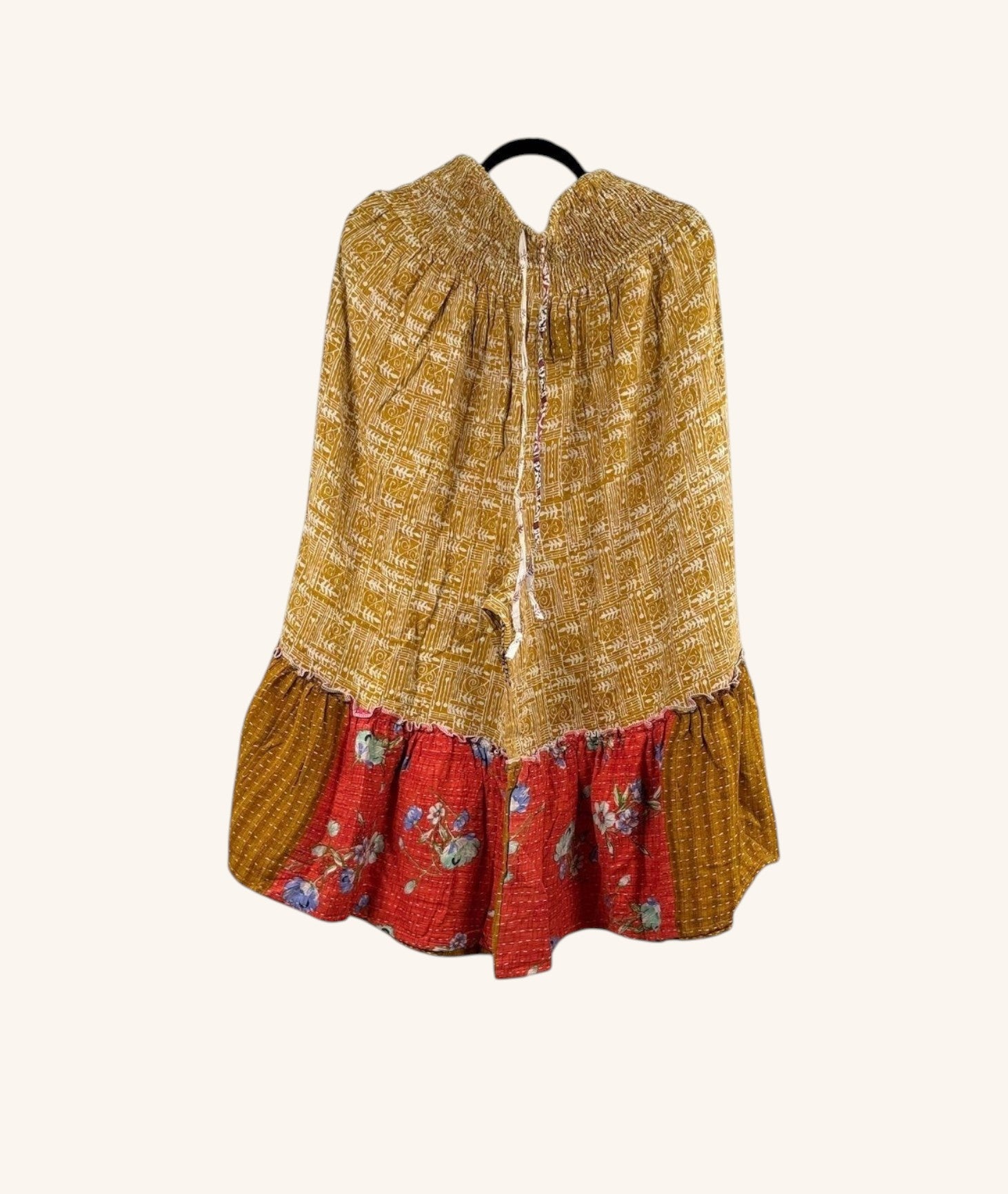 She Lives Beauty Anything for Selenas bloomers in mustard and red vintage Kantha cotton with an oversized ruffle hem