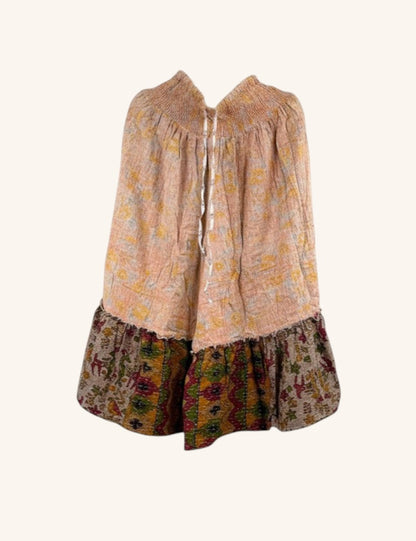 She Lives Beauty Anything for Selenas bloomers in vintage kantha cotton with a peach top and patterned ruffle hem.