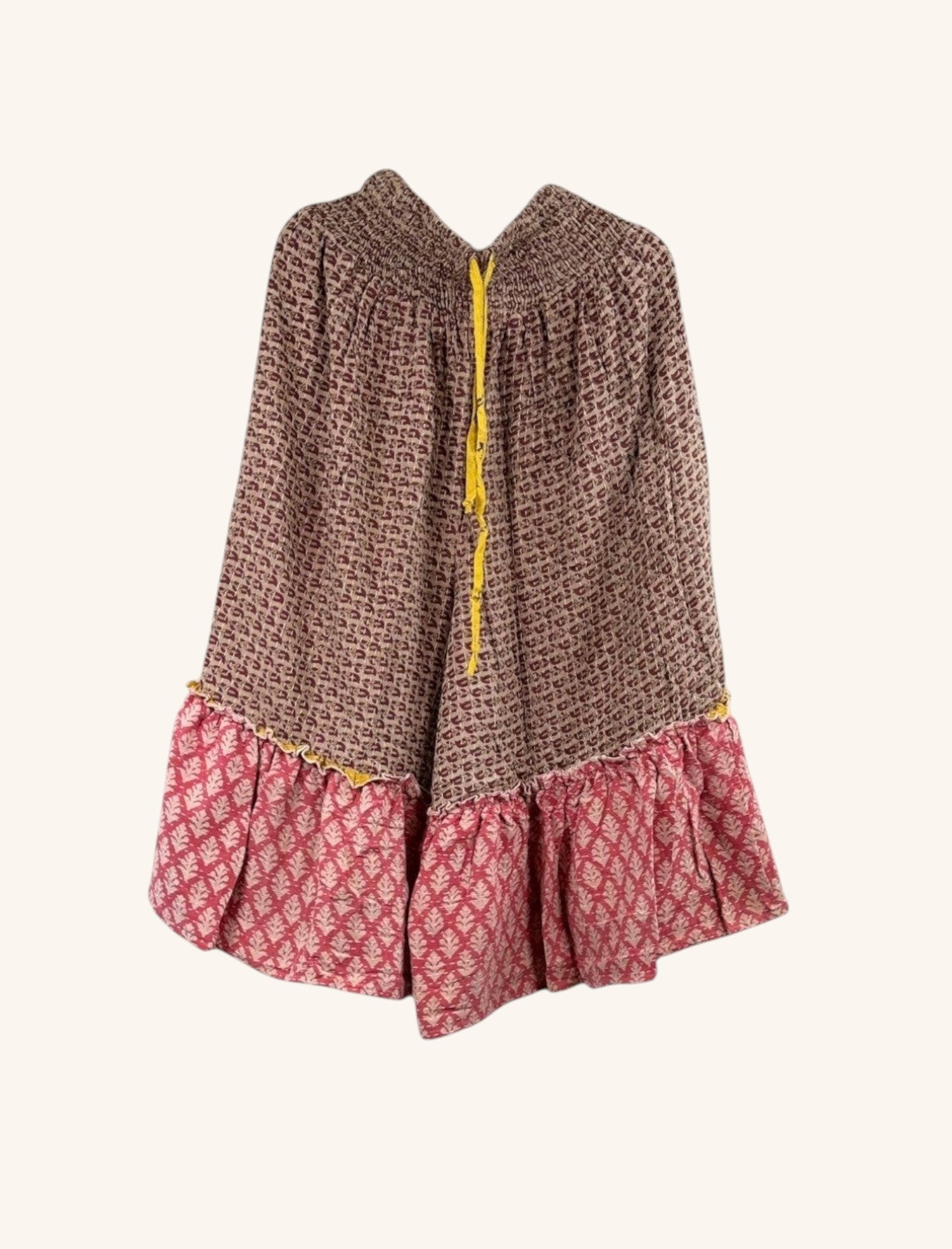 She Lives Beauty Anything for Selenas bloomers in vintage kantha cotton with a brown floral print and pink ruffle hem
