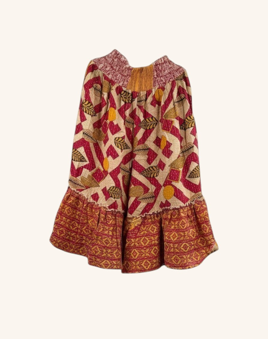 She Lives Beauty Anything for Selenas bloomers in vintage kantha cotton with red and gold geometric leaf print