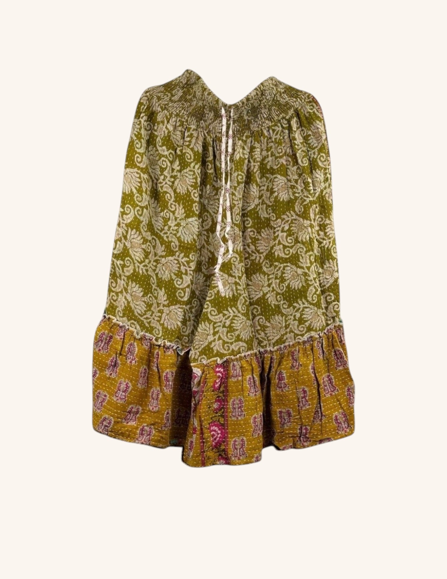 She Lives Beauty Anything for Selenas Bloomers in olive green vintage kantha cotton with a ruffled hem