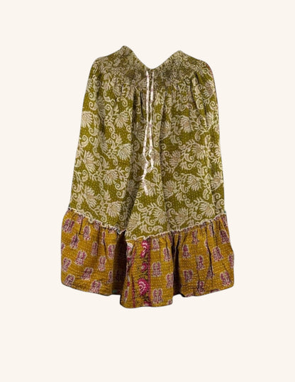 She Lives Beauty Anything for Selenas Bloomers in olive green vintage kantha cotton with a ruffled hem