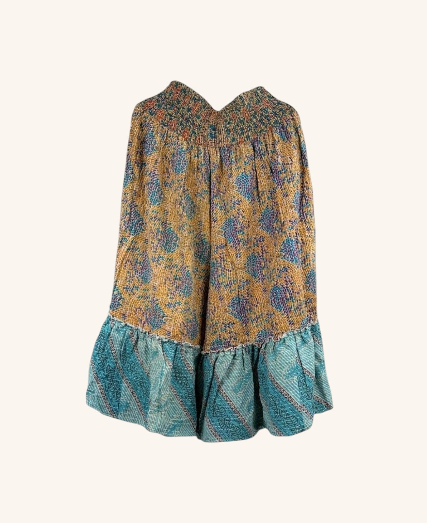 She Lives Beauty Anything for Selenas bloomers in vintage kantha cotton with yellow floral print and teal ruffle hem