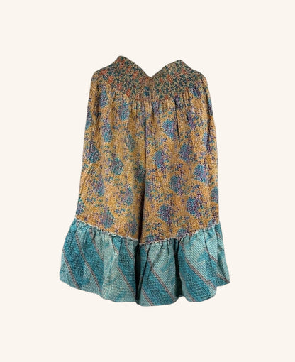 She Lives Beauty Anything for Selenas bloomers in vintage kantha cotton with yellow floral print and teal ruffle hem