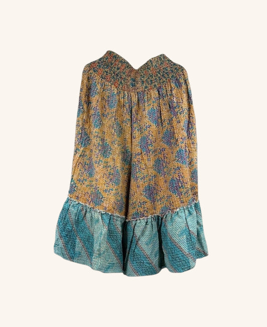 She Lives Beauty Anything for Selenas bloomers in vintage kantha cotton with yellow floral print and teal ruffle hem