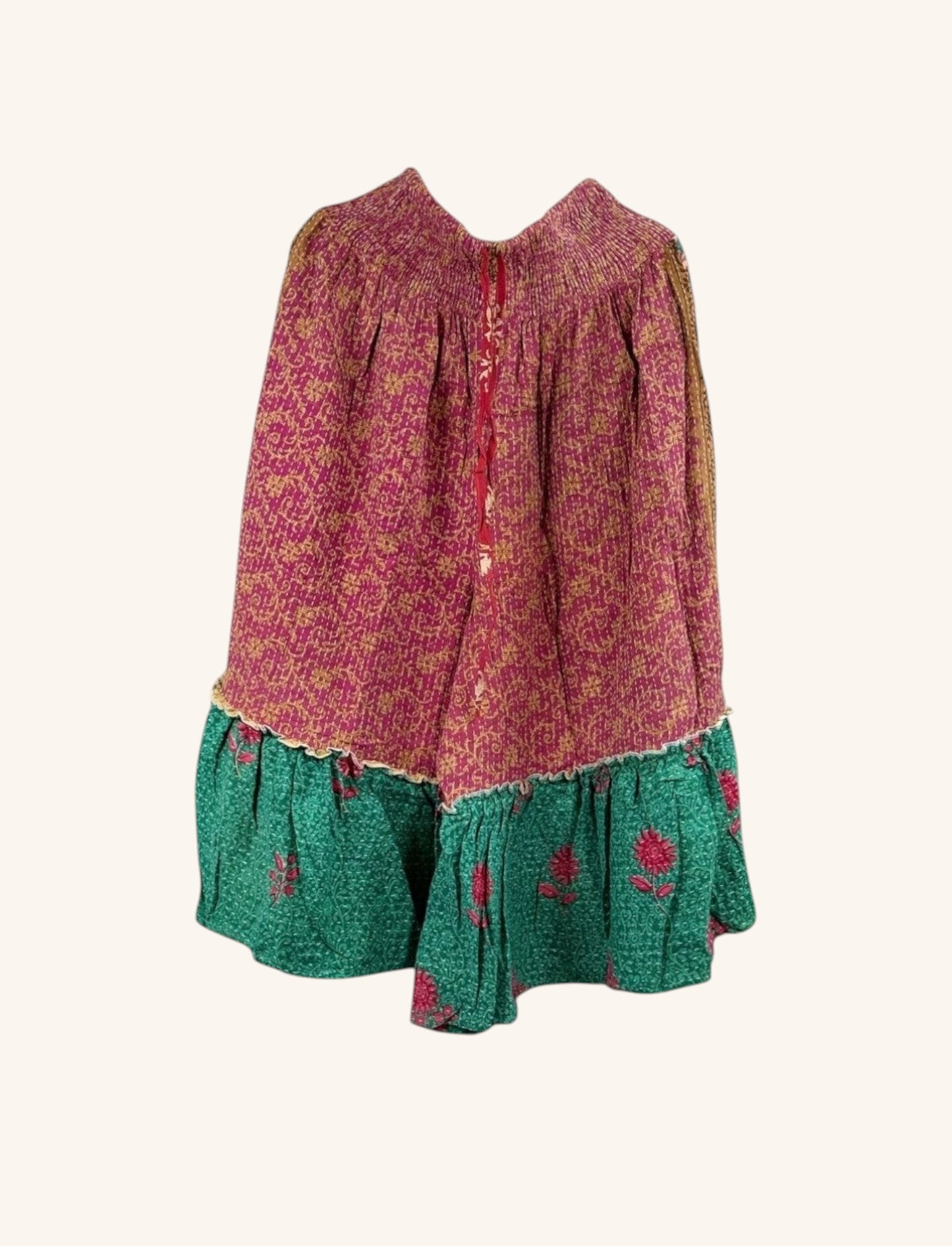 She Lives Beauty Anything for Selenas Bloomers in vintage kantha cotton with a maroon floral print and green ruffle hem