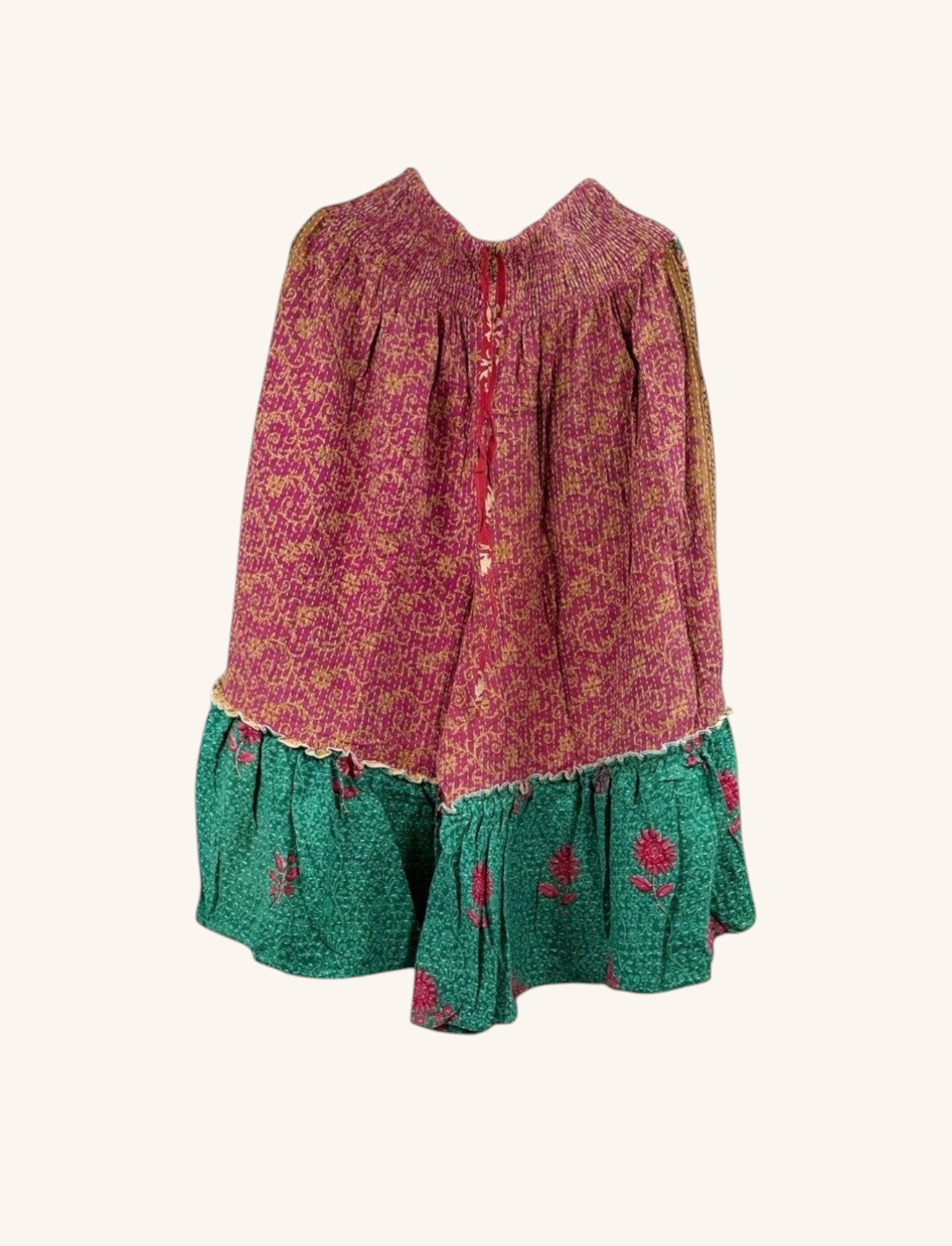 She Lives Beauty Anything for Selenas Bloomers in vintage kantha cotton with a maroon floral print and green ruffle hem