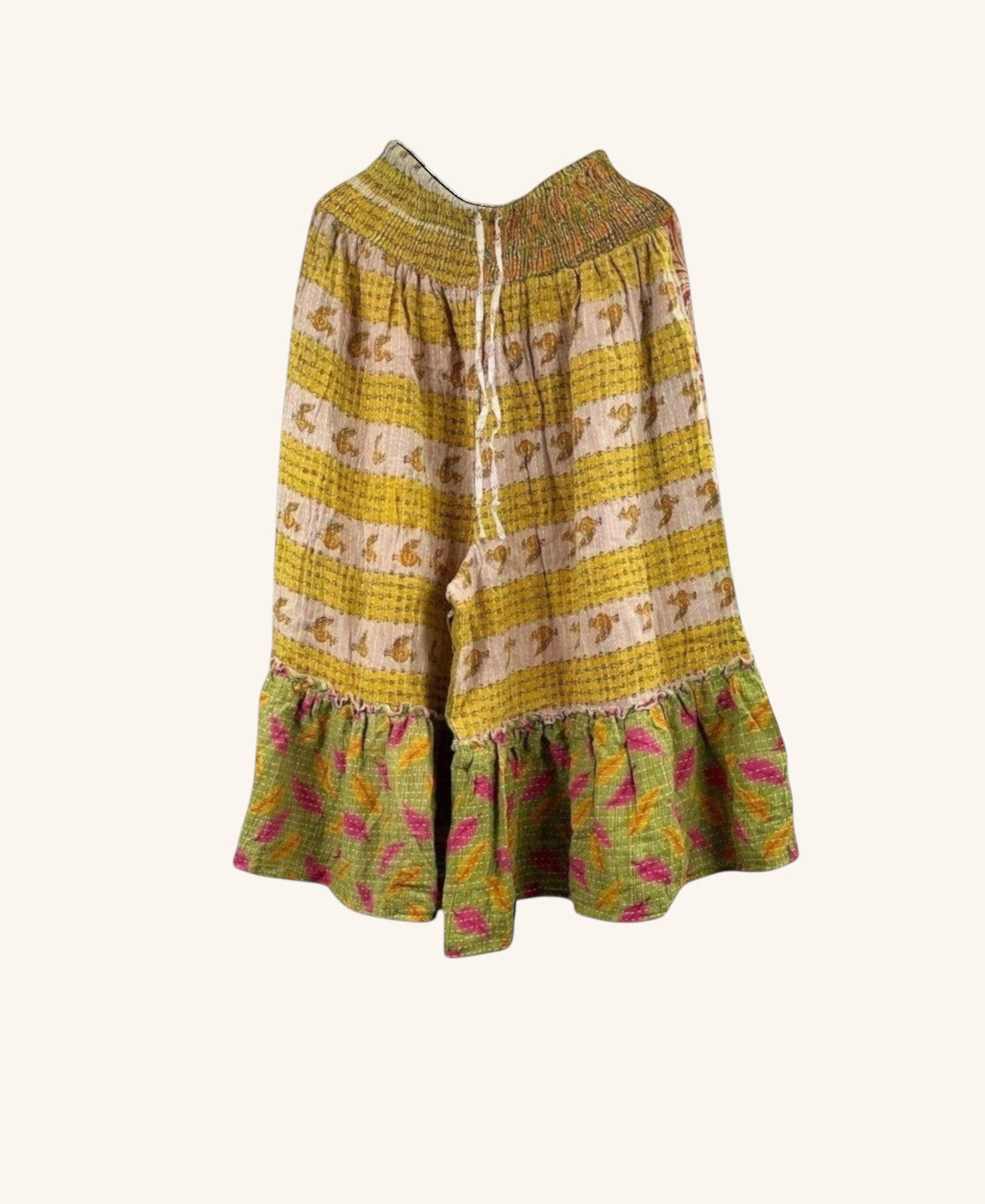 She Lives Beauty Anything for Selenas Bloomers in yellow and green vintage kantha cotton with a ruffled hem.