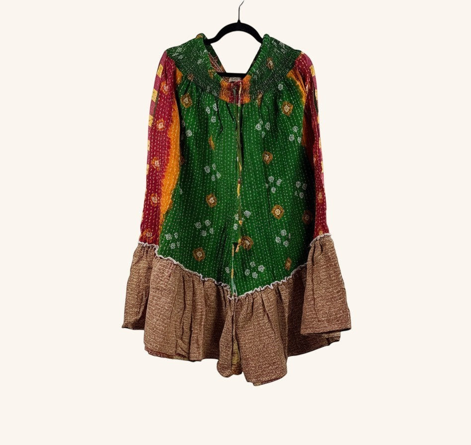 She Lives Beauty Anything for Selenas Bloomers in green, red, and brown vintage Kantha cotton with ruffle hem.